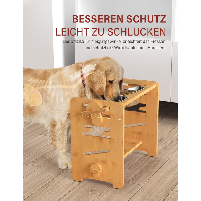 Підвищена годівниця для собак Vantic з підставкою, регульована висота, миска для маленьких собак та котів, з нержавіючої сталі, з двома мисками та протиковзкими ніжками (для середніх собак, бамбук)