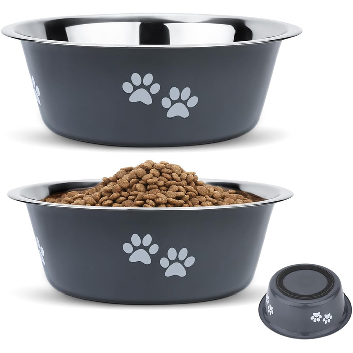 PETTOM Миски для собак 2 шт. з нержавіючої сталі (3120 мл), миски для корму для собак, миски для води з неслизьким силіконовим дном для великих, середніх та маленьких собак, сірі, 21 см