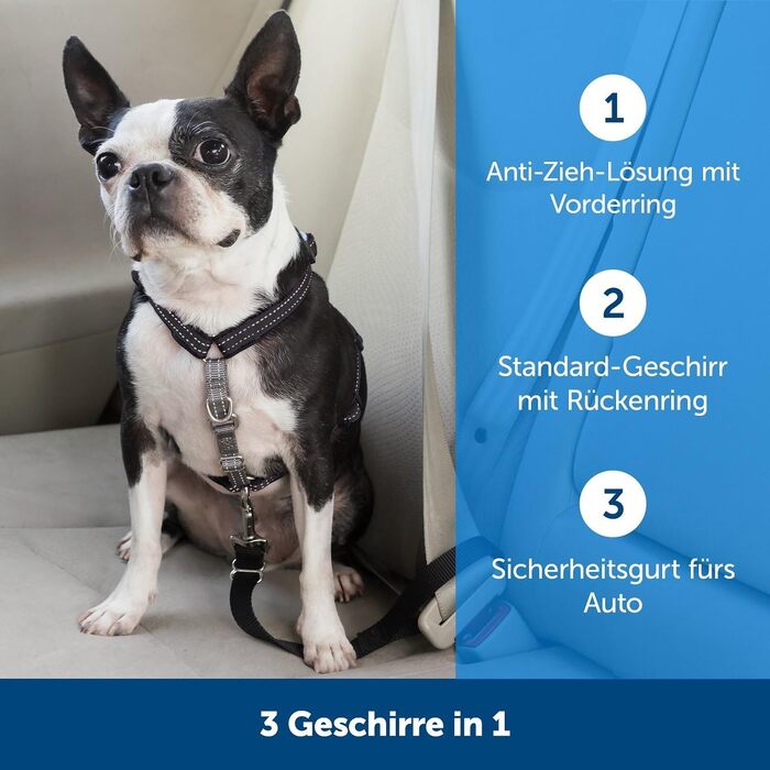 Шлея для собак PetSafe 3-в-1 з ременем безпеки, антизахисний кільце, розмір L, чорна – для авто і прогулянок