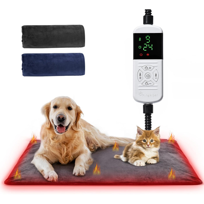 Електричний килимок для домашніх тварин 45x70 см - підігрівальний килимок для собак та котів, 9 температурних режимів (35–55 ℃), таймер (0–12H / 24H), міцний кабель 1.8 м, 2 знімні чохли, 35–55℃ (9 режимів)