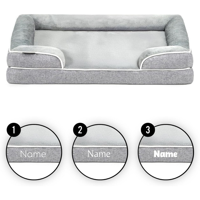 Ортопедичне ліжко для собак Lionto з піднятим бортиком, 89x63x17 см, міцне собаче ліжко з м'яким фланелевим наповнювачем, знімний та пральний чохол, неслизьке, для маленьких та великих собак та котів, сіре (з іменним нанесенням)