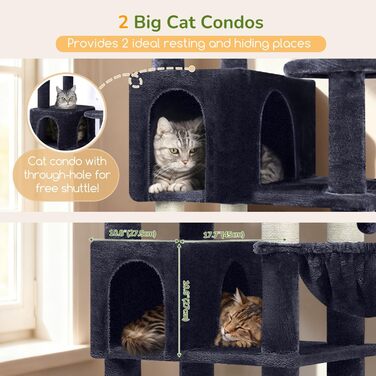 Кігтеточка Globlazer XXL 209 см з 2 будиночками, великою платформою, 3 кошиками, стовпчиками для шліфування, 8 стовпчиками з сизалю, стабільна кігтеточка для кількох котів (темно-сірий)