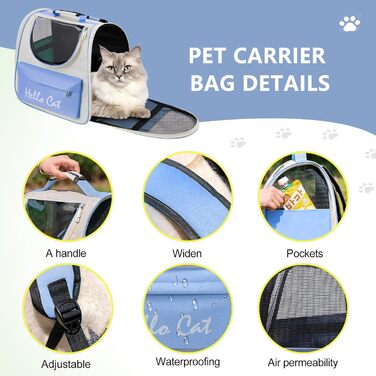 Рюкзак для тварин Surmounty з сітчастим вікном, складний, для котів та собак, з мискою для їжі та води, водонепроникний, до 15 кг (Блакитний)