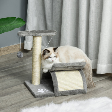 PawHut Cat tree маленьке, 43H см, до 10 кг, з лежачою поверхнею, тунель, іграшковий м'яч, сизаль, світло-сірий | Аосом