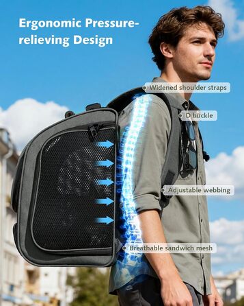 Pecute Рюкзак-переноска для кота з віконцем-сіткою, дихаючий та легкий рюкзак для тварин, великий (32 x 26 x 42 см, сірий, розширюваний)