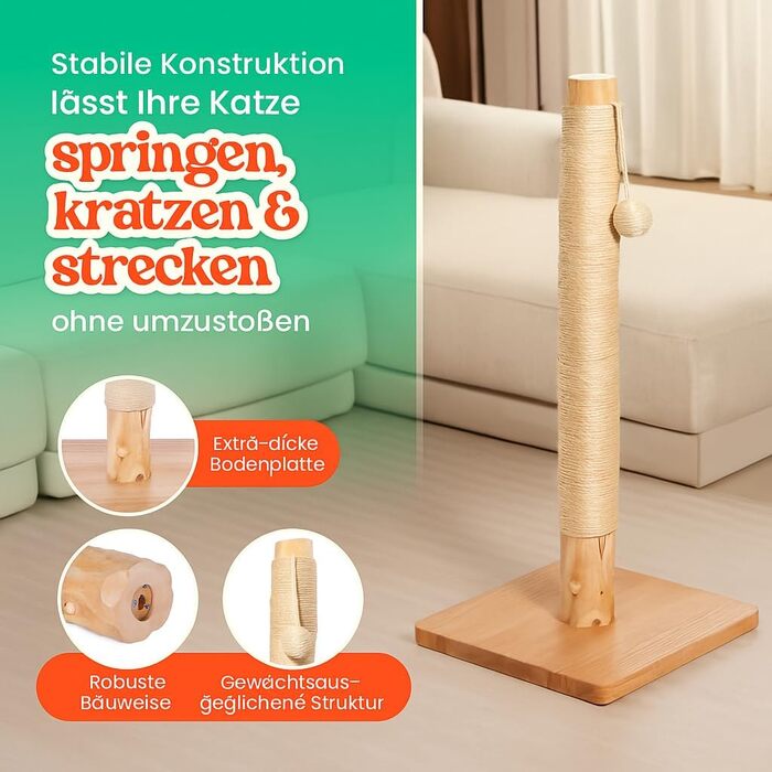 Преміум кігтеточка для котів 89 см - з натурального березового дерева, сизалевого мотузка, дерев'яної основи з березовим шпону, ідеальна для великих котів, безкоштовний запасний мотузок