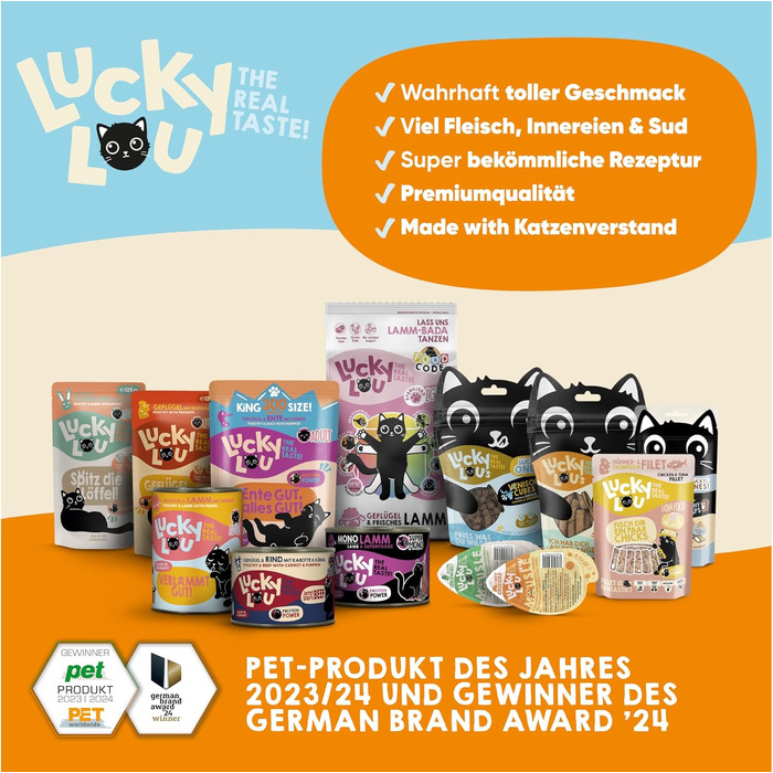 Подарунковий набір кормів Lucky Lou для котів: вологий, сухий та ласощі без зерна та цукру, мікс смаків (125 г, 6 шт)