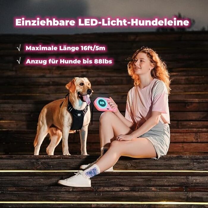 Висувна поводок для собак з LED-підсвічуванням, гальмом та системою швидкого розблокування. 5м нейлоновий поводок для собак середніх та маленьких порід (до 40 кг). Білий/Рожевий колір