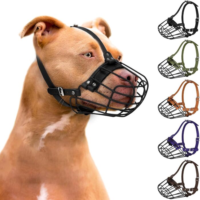Дротяний намордник для собак Pitbull, дихаючий, металевий, для великих порід (Амстафф, Стаффордширський тер'єр), регульований, міцний, з шкіряними ременями, захист від укусу, жування та гавкання, чорний