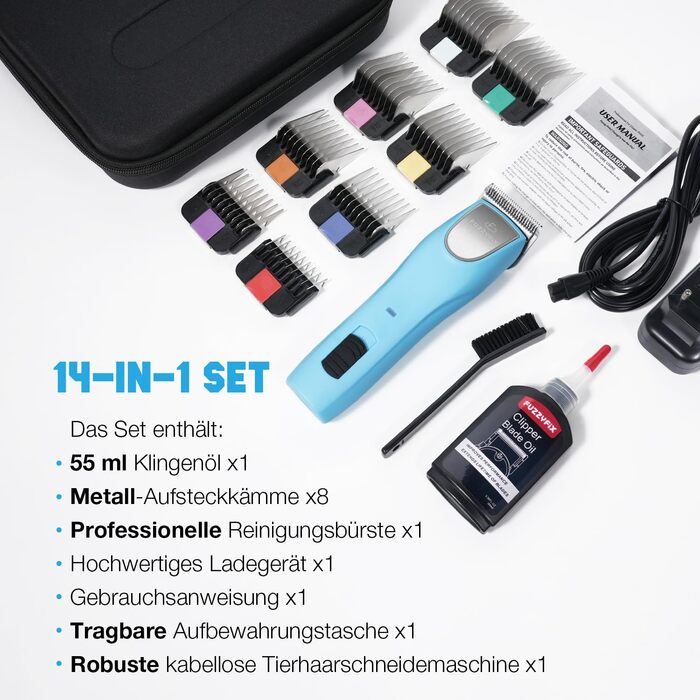 Професійна машинка для стрижки собак FuzzyFix: 2 швидкості, ергономічний дизайн, для собак та котів, стрижка густого, довгого та кучерявого хутра, блакитна