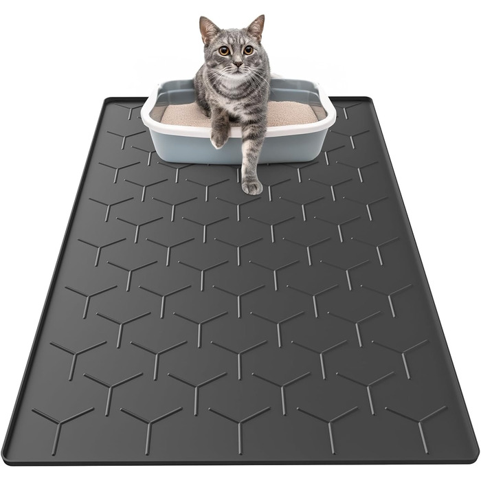 Мапа для котячого туалету Garoopion, силіконова, 86x56 см, чорна. Захист від протікання, легко мити.