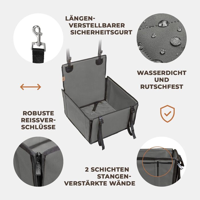 Автокрісло для собак Wuglo Extra Stabiler – безпечне та водонепроникне, до 12 кг, сіре