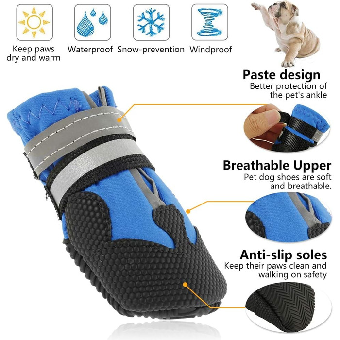 Водонепроникні чоботи для собак Bau+Schwarz, 4 шт. - захист лап для малих, середніх та великих собак, з відбиваючими ременями, блакитні (XXL)