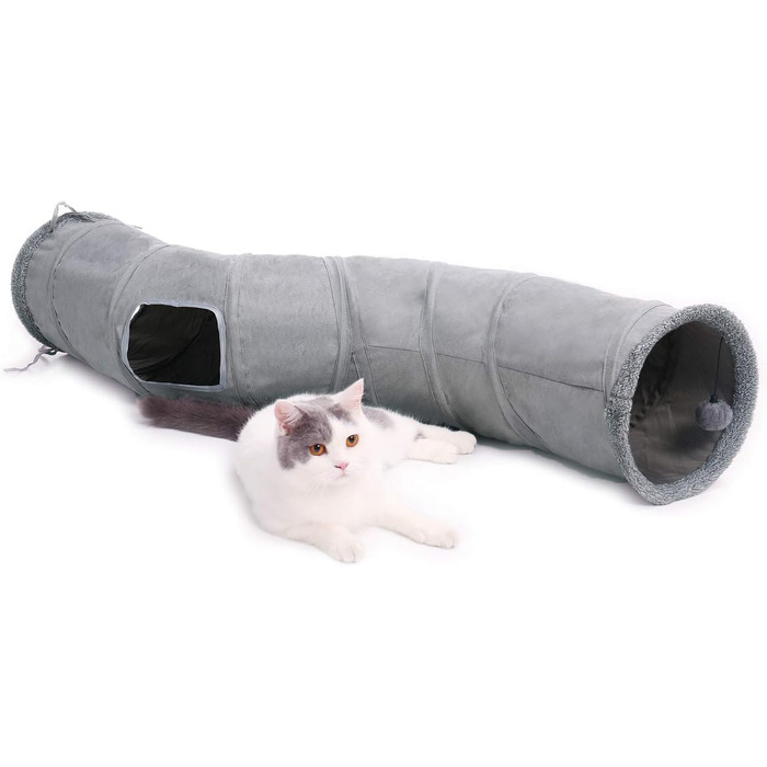 Складаний тунель для котів PAWZ Road з м'ячиком, іграшка-тунель для кошенят, цуценят, кроликів та дрібних тварин, сірий, S-подібний (Розмір S)