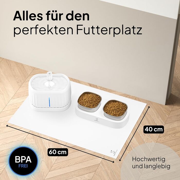 Підкладка під миску для кота Pretty PAW® 60x40 см - неслизька та водовідштовхувальна | Аксесуар для фонтанчика та миски Pretty Paw | Захист підлоги від бруду та води (Білий, Extra Wide)