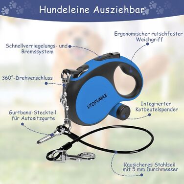 Висувна поводок для собак VTOPVMAX - для середніх та великих собак до 50 кг | Міцний поводок з безпечним кабелем, дозатор для відходів та гальмо однією рукою (Білий) Білий (8 м, Синій)
