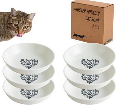 Керамічна миска для котів з віями, 14 см, широка годівниця для вологого корму, миска для котів з милим дизайном, зручна для котів з вусами, неслизька, біла, з сердечками та кігтиками, набір 6 штук