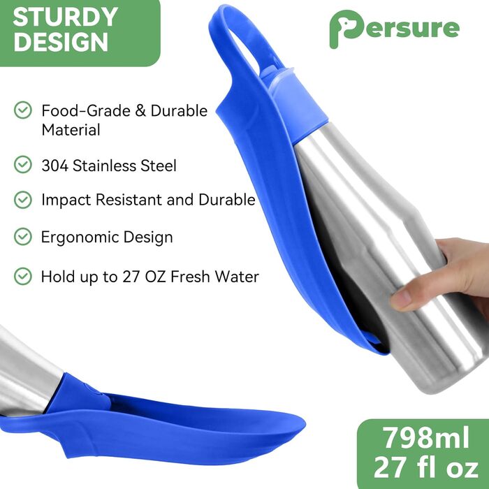 Водяна пляшка для собак, 765 мл, нержавіюча сталь, противитікання, для прогулянок та активного відпочинку (блакитна)