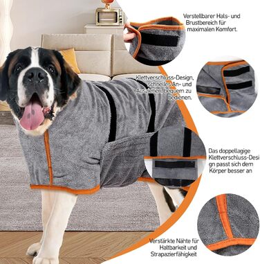 Рушник для собак великих порід, халат для собак, з застібкою на липучці, швидко вбирає воду (XL)