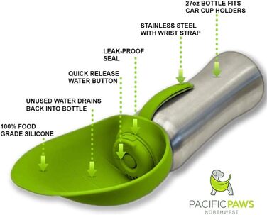 Пляшка для води для собак Pacific Paws Northwest, нержавіюча сталь, портативна, з силіконовою кришкою-листком, поїлка для прогулянок і подорожей, 765 мл, зелена