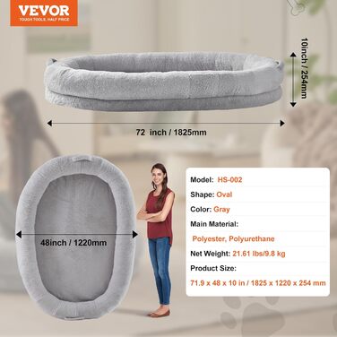 Ліжко для собак VEVOR, 1825 x 1220 x 254 мм, сіре, з ортопедичною піною та штучним хутром, для дорослих собак, з сумкою для зберігання