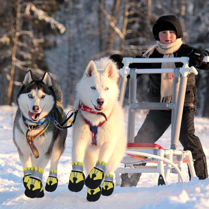 Жовті чоботи для собак REESTBOO, XXL, 4 шт. Водонепроникний захист лап, антиковзаючі, з світловідбиваючим ремінцем, на липучці. Підходять для великих собак, снігу та дощу.