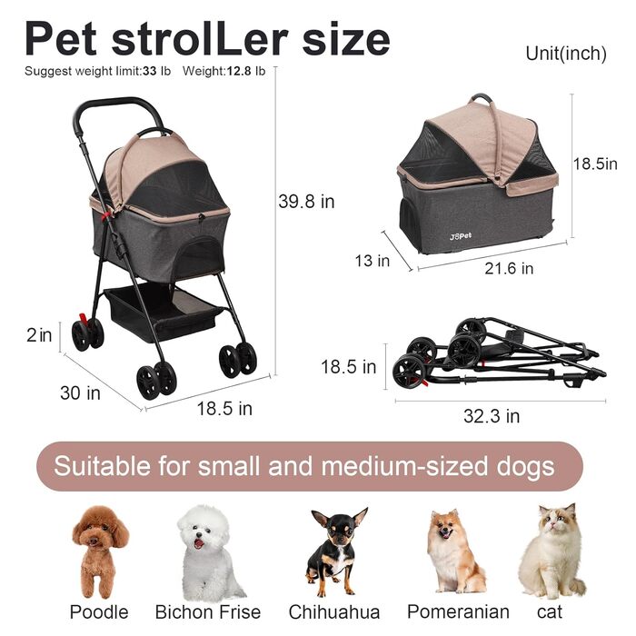 Складаний візок для тварин Tierwagen для собак та котів, легкий та компактний, знімний кошик, темно-персиковий/темно-сірий