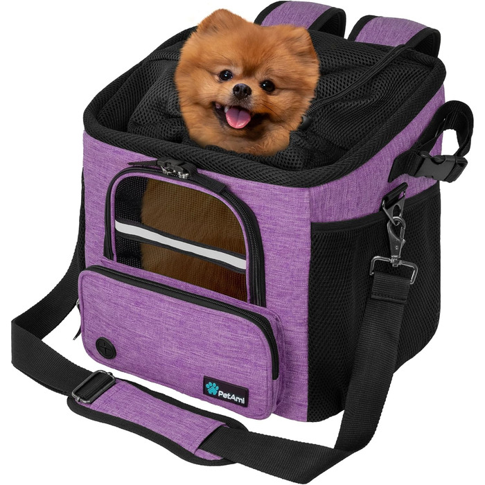 PetAmi Корзина для собак на велосипед, м'яка, з вентиляцією, рюкзак-переноска для собак, корзина на кермо велосипеда, для цуценят, котів, кішок, автокрісло з ременями безпеки (сірий) (фіолетовий)