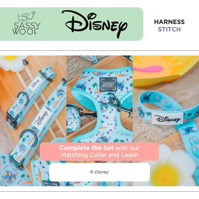 Регульована шлейка для собак Sassy Woof Disney Stitch S, дихаюча сітка, не тягне, подвійний D-кільце, патентований дизайн, для маленьких собак та цуценят, офіційна