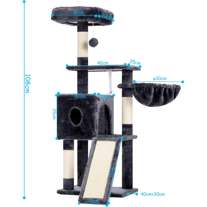 Котячий будиночок Hey-brother Kratzbaum 108 см: багатоярусний котячий комплекс з когтеточками, будиночком, гамаком та іграшками, кольори: рудий/чорний, MPJ007SBR (димно-сірий)