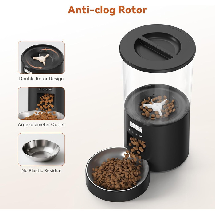 Автомат годівлі для котів 4.2L з програмуванням, з окремою мискою, подвійне живлення, 6 прийомів їжі на день (Чорний), миска з нержавіючої сталі