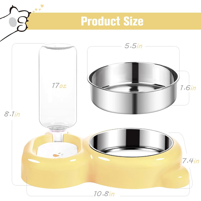 Набір мисок для собак та котів з водопоїтелем та мисками з нержавіючої сталі (світло-жовтий)