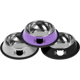 Набори мисок для котів Serentive з нержавіючої сталі, 2 шт., антиковзні, для маленьких котів, міцні, годівниці для котів, 380 мл, знімні гумові основи, легко миються, сірий, фіолетовий, чорний (380 мл)