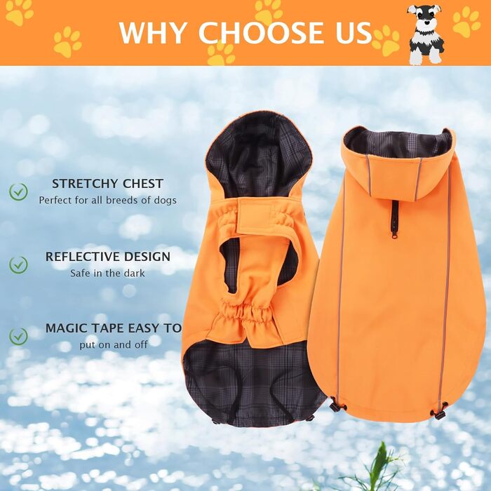 Дощовик для собак Vejaoo: водонепроникний, світловідбиваючий, з капюшоном. Підходить для малих, середніх та великих собак. Колір: помаранчевий, розмір: L