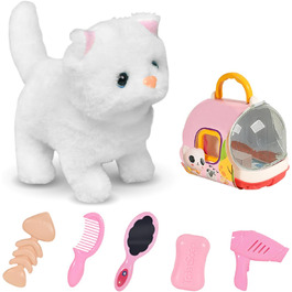 Інтерактивна іграшка-кіт для дітей: реалістичний плюшевий кіт, що ходить та муркоче, білий колір. Ідеальний подарунок для дівчаток 3-7 років