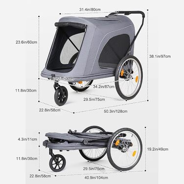 Легкий велопричіп для тварин, великий возик, складний причіп в один клік, для собак до 45 кг, великих собак та котів сірого кольору