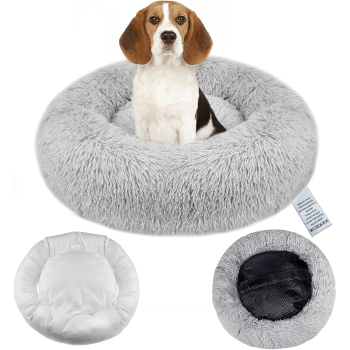 OKPOW Крісло-лежанка для собак та котів, велике, миється, антистрес, затишне, м'яке, плюшеве, для цуценят та кошенят, кругле, супер м'яке, пухнасте, сіре, X-Large, 80 см