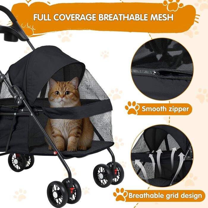 Дитяча коляска для тварин з 4 колесами, легка та складана, до 7,5 кг, з тримачем для напоїв