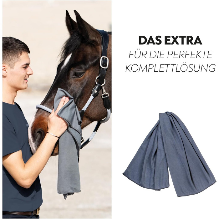 Охладна ковдра SUNRIDE для коней (Cool Down) 3-частинна - з накидкою на голову та тканиною - миттєвий охолоджуючий ефект завдяки випарній прохолоді - екологічна, проста у використанні - сіра (125 см)