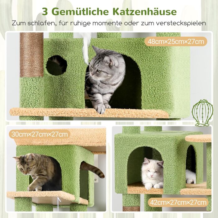 Драбина-будинок для котів Globlazer з кутовою конструкцією, 168 см, 3 будиночки, велика платформа, 5 сизалевих стовпчиків, кошик, іграшки, для 3-4 котів (зелений)