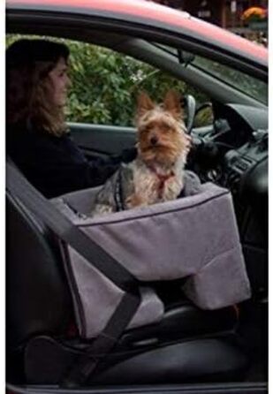 Автокрісло Pet Gear Lookout Booster для собак, сірого кольору, з м'яким кріслом та страхувальним тросом. Легке встановлення без інструментів.