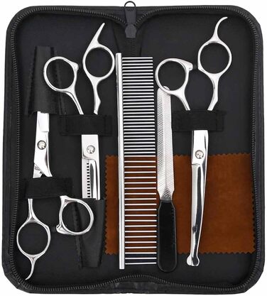 Набір професійних ножиць для собак з витончувальними ножицями, кусачками для нігтів та гребінцем - для всіх пухнастих домашніх тварин, сріблястого кольору, 15,5 x 5,5 см