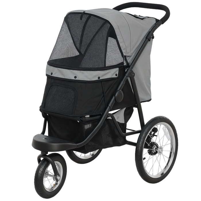 PawHut Коляска для собак Jogger Dog Buggy складна для маленьких собак і кішок до 10 кг Котяча баггі з 3 великими гумовими колесами, подушками, сіткою, вікнами, кошиком для зберігання, Котяча коляска з повідцями, Сірий | Аосом