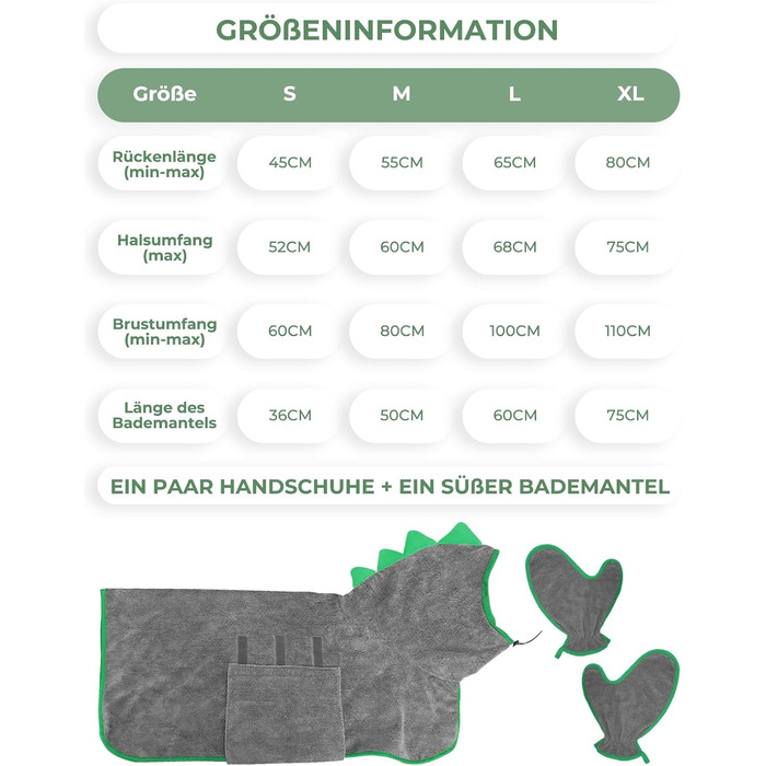 Рушник для собак з мікрофібри, халат для собак, швидковисихаючий, з регульованим коміром на липучці, для великих, середніх та маленьких собак/котів (Сірий зелений, M)
