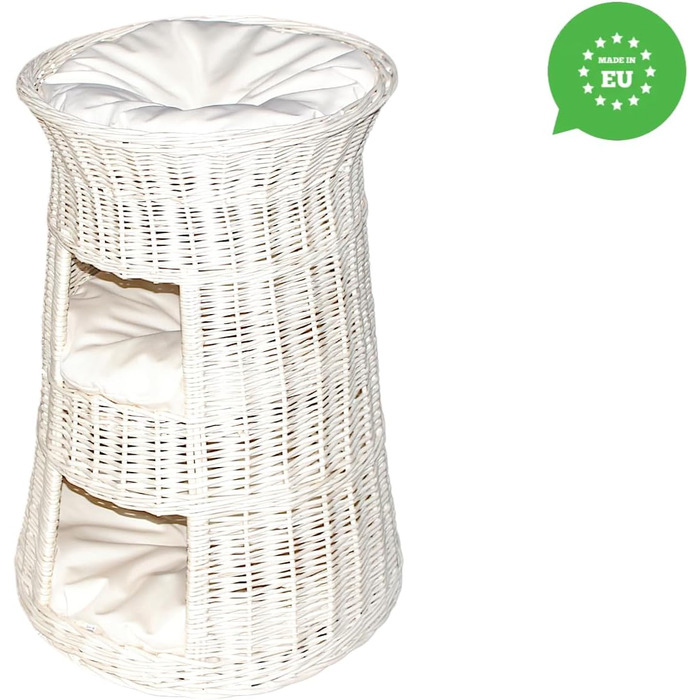 Кігтечка-ліжко для котів - Кругла кімната для відпочинку - Кігтечка з лози - Триповерхове ліжко для собак або котів - Плетена корзина білого кольору - (Бежева подушка)