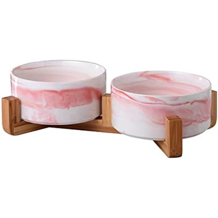 Миска для собак SP SEMPRE з кераміки з бамбуковим тримачем, піднята миска (подвійний розмір 13,5 см, рожевий мармур)