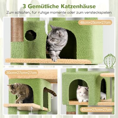 Драбина-будинок для котів Globlazer з кутовою конструкцією, 168 см, 3 будиночки, велика платформа, 5 сизалевих стовпчиків, кошик, іграшки, для 3-4 котів (зелений)
