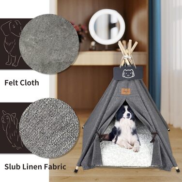 Намет для тварин Tipi: будиночок для собак та котів з м'яким лежаком (60x60x70 см, сірий)