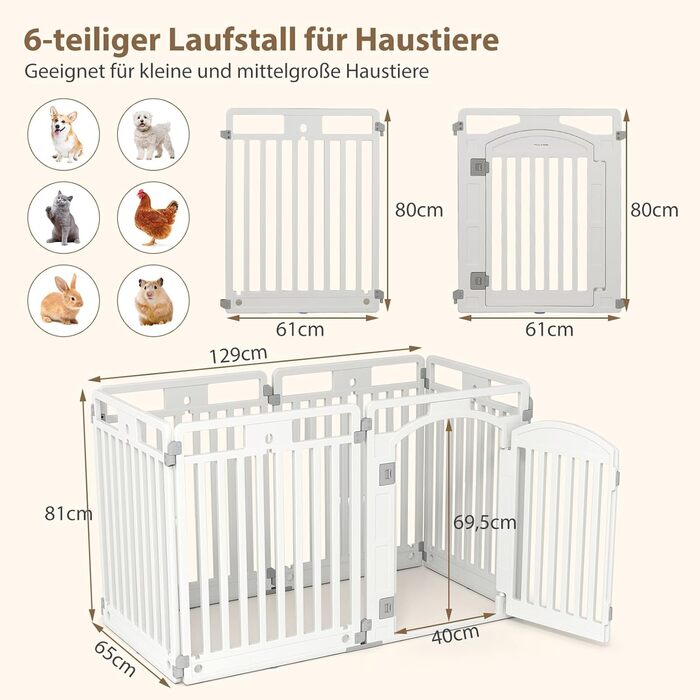 Лягувачка для цуценят COSTWAY з 6 панелей, біла, 80 см, для дому та вулиці