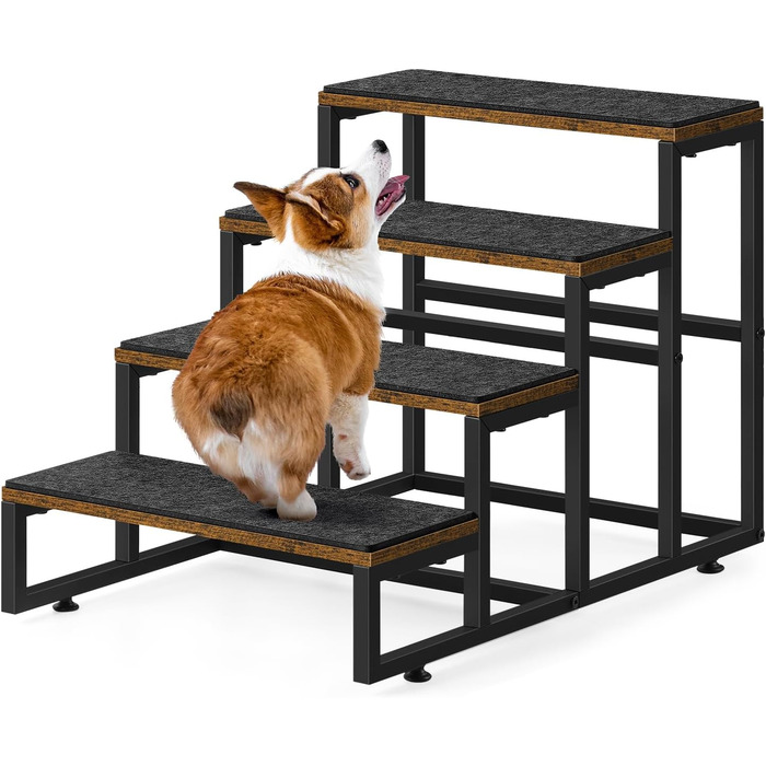 Смусей Сходинки для домашніх тварин: собачі та котячі, 4 сходинки, стабільна конструкція з дерева та металу, протиковзке покриття, для диванів, ліжок, балконів, 60x40x43 см, коричневий